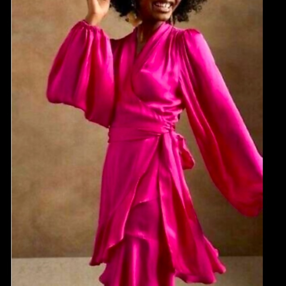Banana Republic Hot Pink Satin Ruffle Mini Midi Dress (Sm)